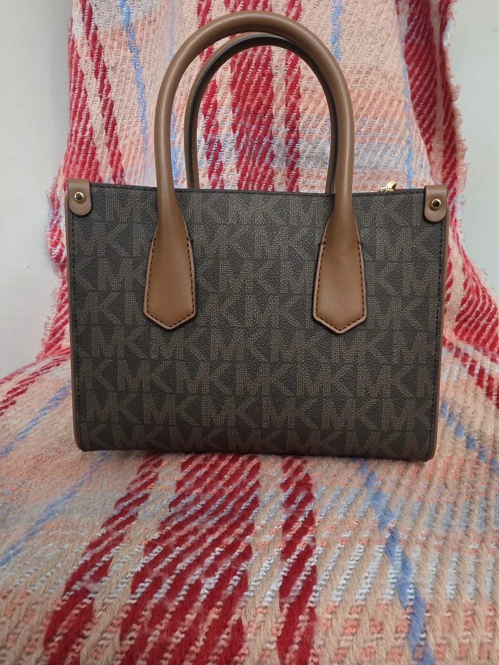 Michael Kors Dark Brown Logo Satchel with Gold MK Charm